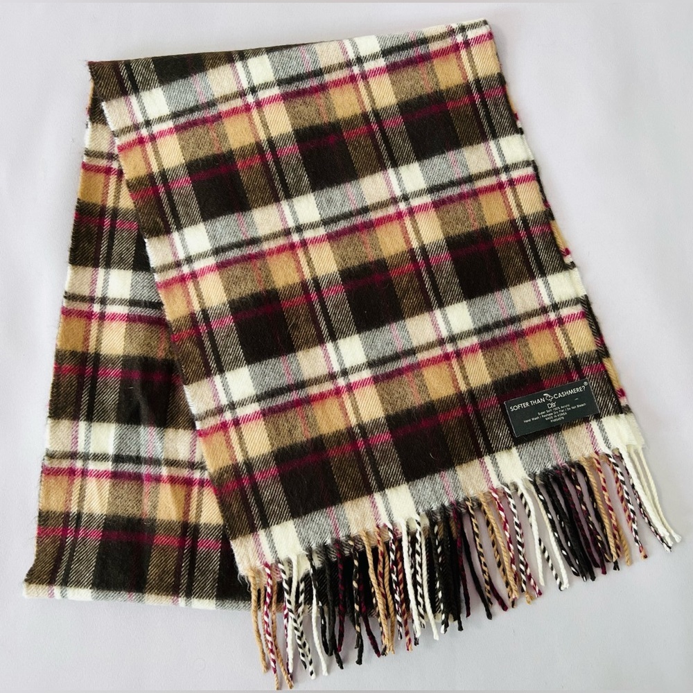 Softer Than Cashmere D&Y Tan Multicolor Plaid Fringe‎ Scarf NEW Fall Winter